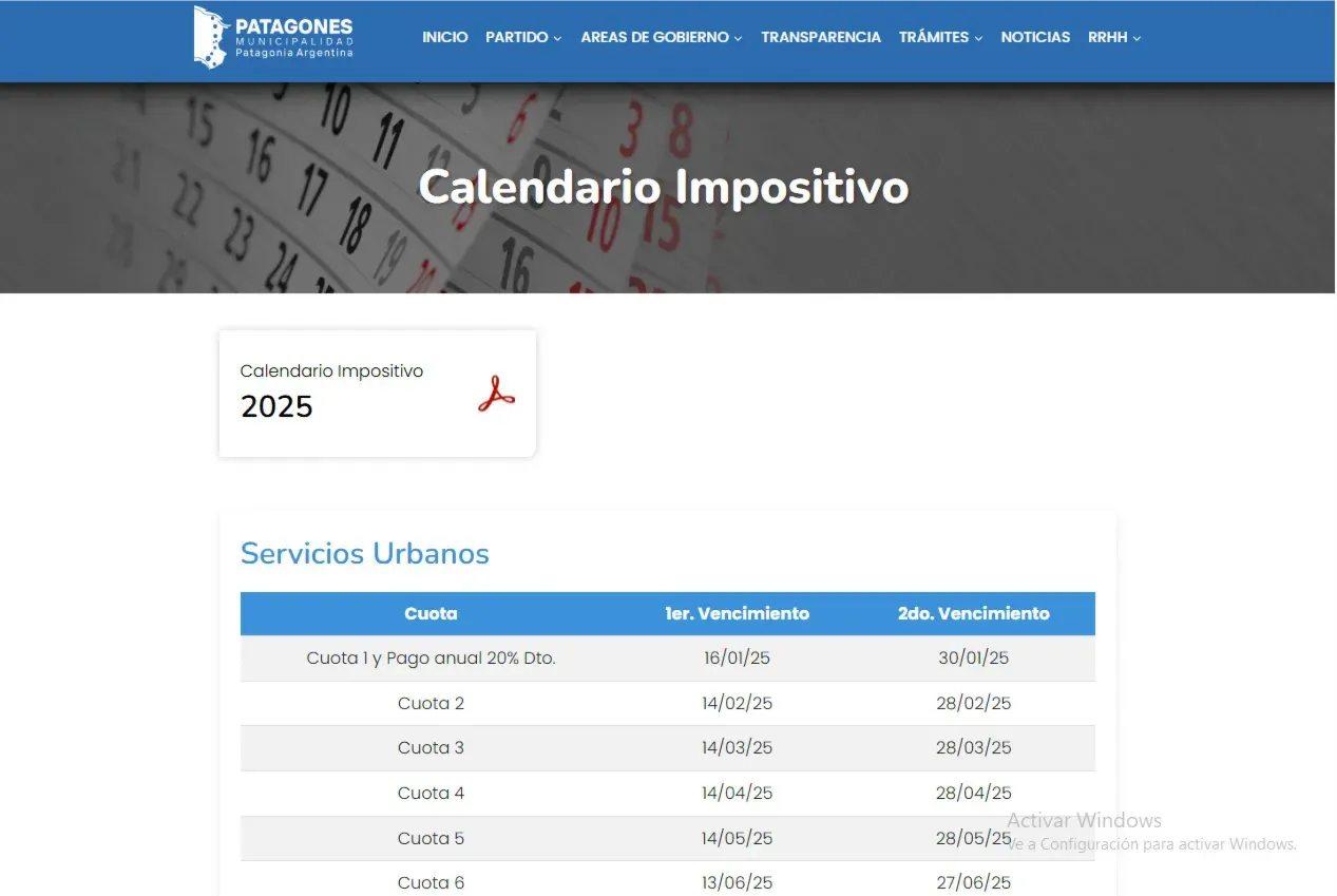 TASAS, CALENDARIO IMPOSITIVO